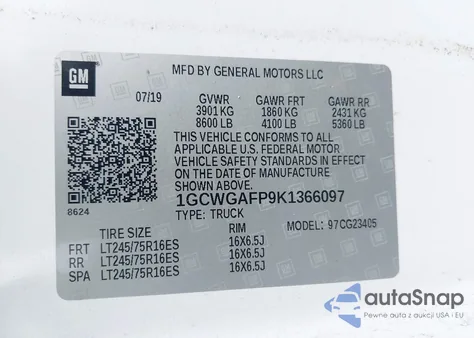 2019 Chevrolet Express 2500 Work Van z USA, uszkodzony, nr VIN 1GCWGAFP9K1366097